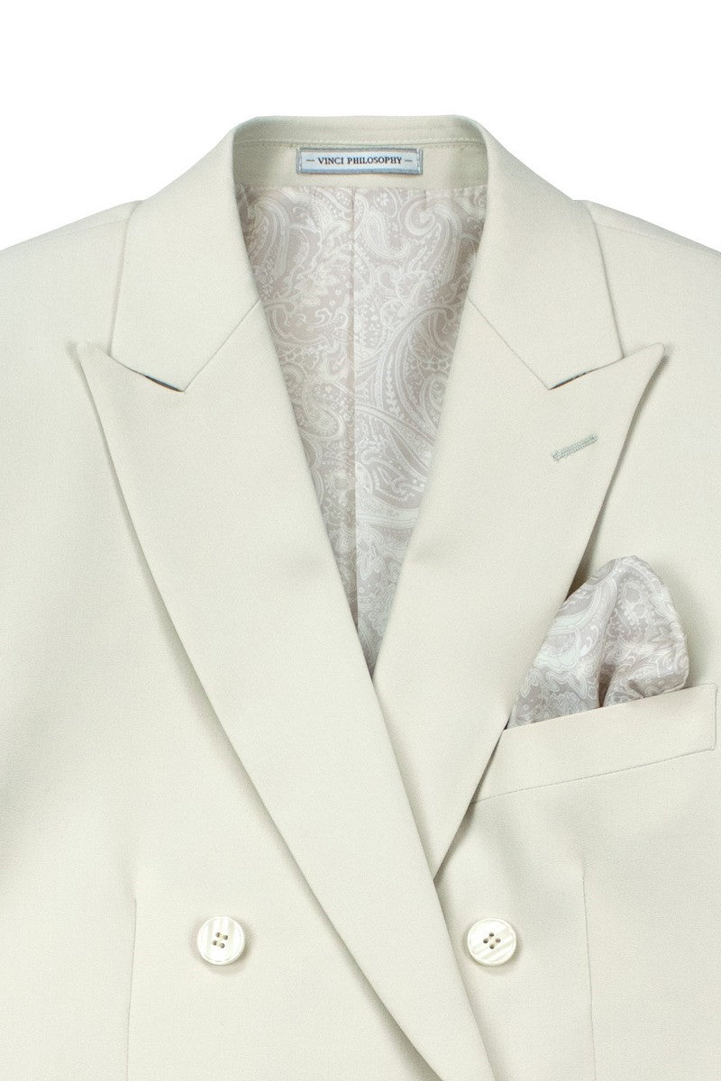 Men’s Slim Fit Double Breasted Stretch Suit in Ivory Off White