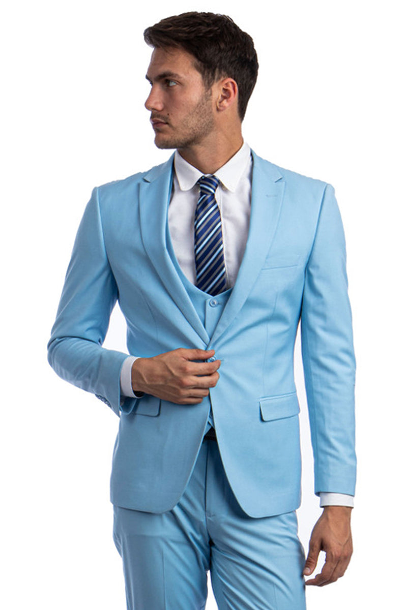 Men’s One Button Peak Lapel Skinny Wedding & Prom Suit with Lowcut Vest in Sky Blue