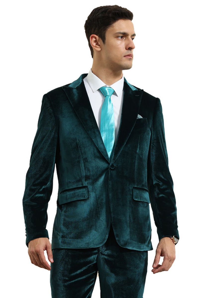 Men’s Slim Fit One Button Velvet Wedding & Prom Suit in Teal Greenm