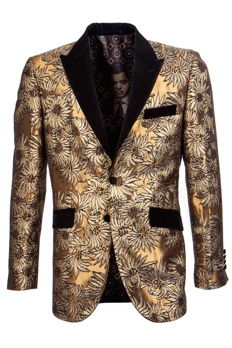 Men’s Foil Satin Suower Print Tuxedo Jacket in Yellow Gold