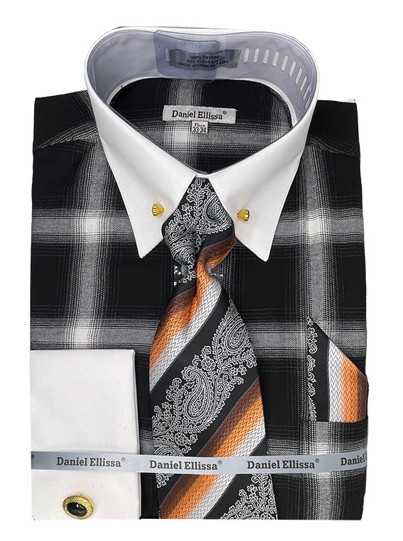 Men’s Flannel Plaid Pattern Contrast Collar Dress Shirt & Tie Set in Black