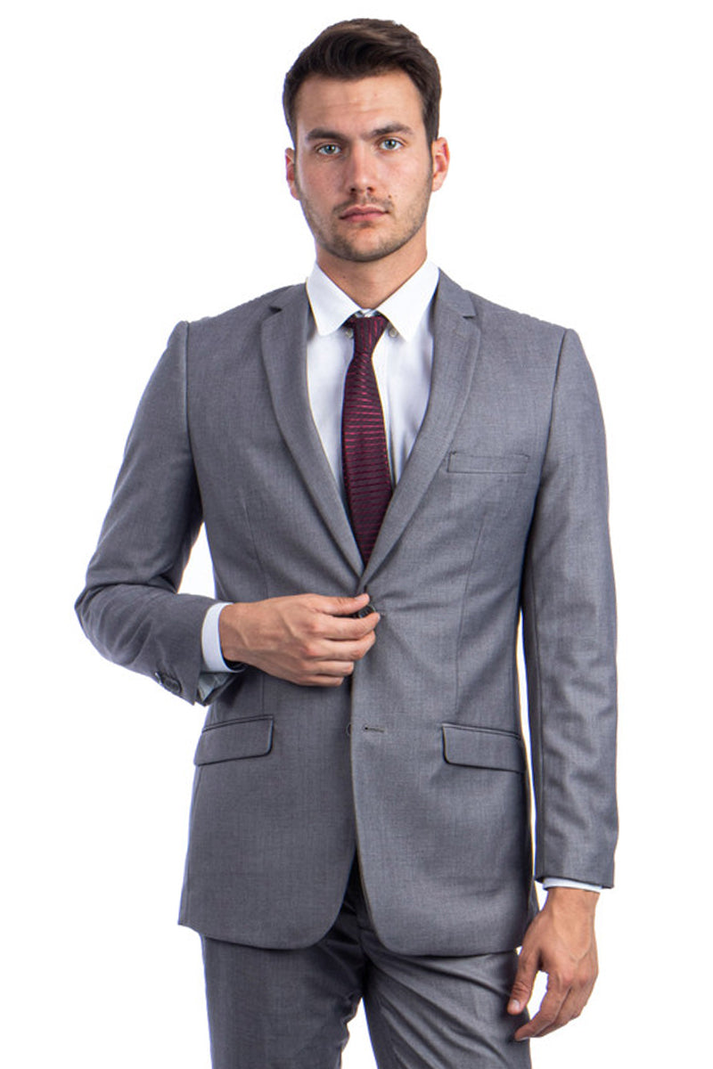 Men’s Two Button Basic Hybrid Fit Vested Suit in Grey