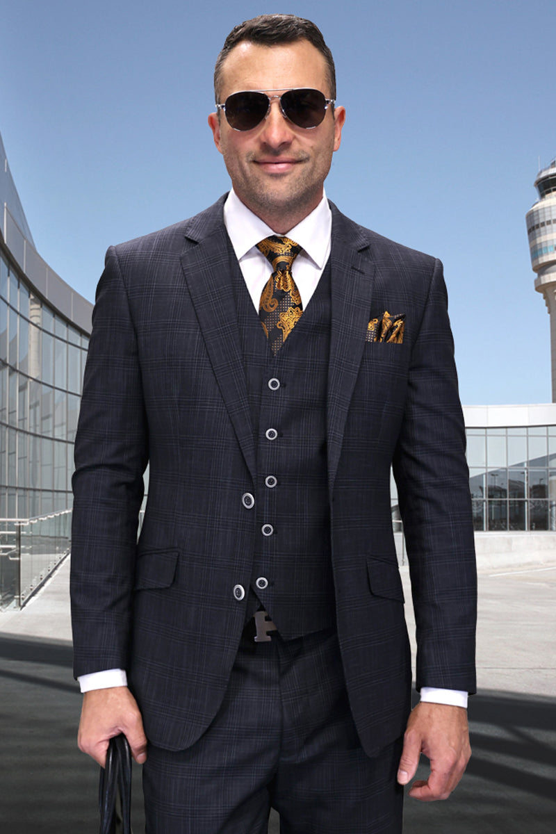 Men’s Designer Vested Wool Modern Fit Sharkskin Suit in Black