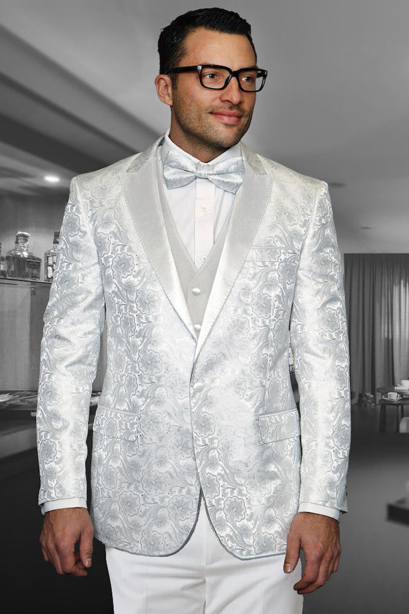 Men’s Vested One Button Satin Paisley Prom & Wedding Tuxedo in White