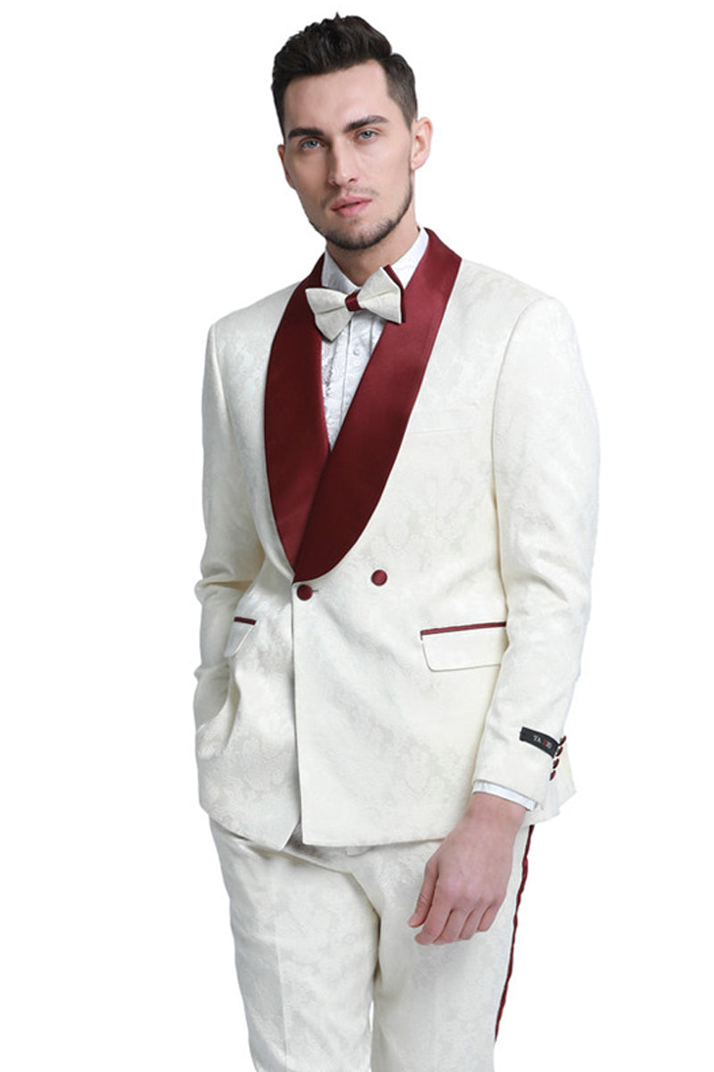 Men’s Slim Fit Double Breasted Paisley Smoking Jacket Prom & Wedding Tuxedo in Ivory & Burgundy