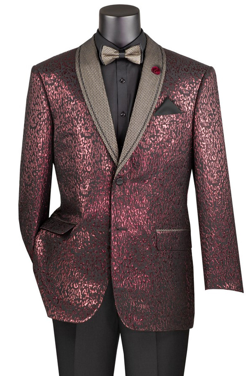 Men’s Two Button Modern Fit Shawl Lapel Tuxedo Jacket in Shiny Glitter Burgundy