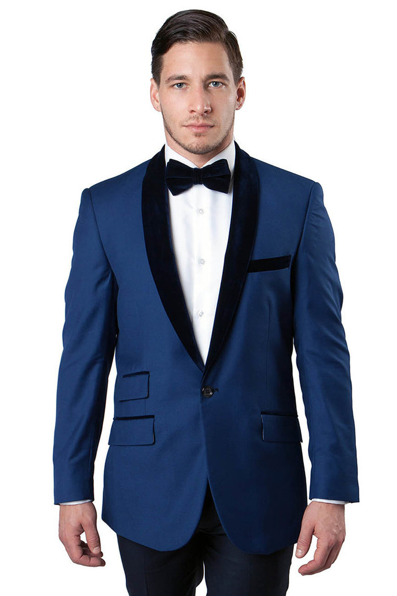 Men’s One Button Velvet Shawl Collar Tuxedo Jacket in Blue