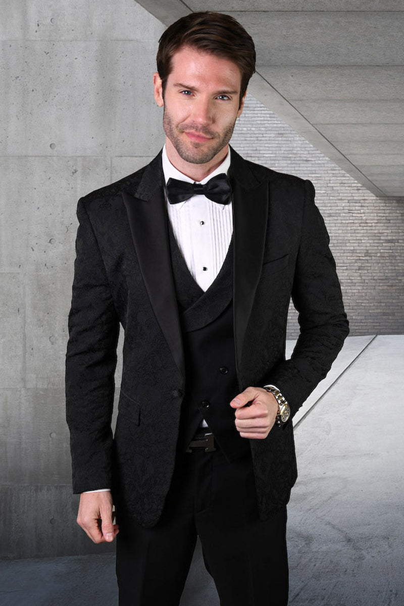Men’s Designer Vested Tonal Paisley Wedding & Prom Tuxedo in Black