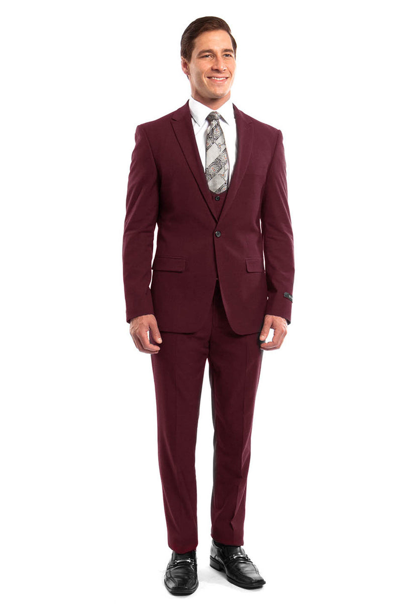 Men’s One Button Peak Lapel Skinny Wedding & Prom Suit with Lowcut Vest in Burgundy