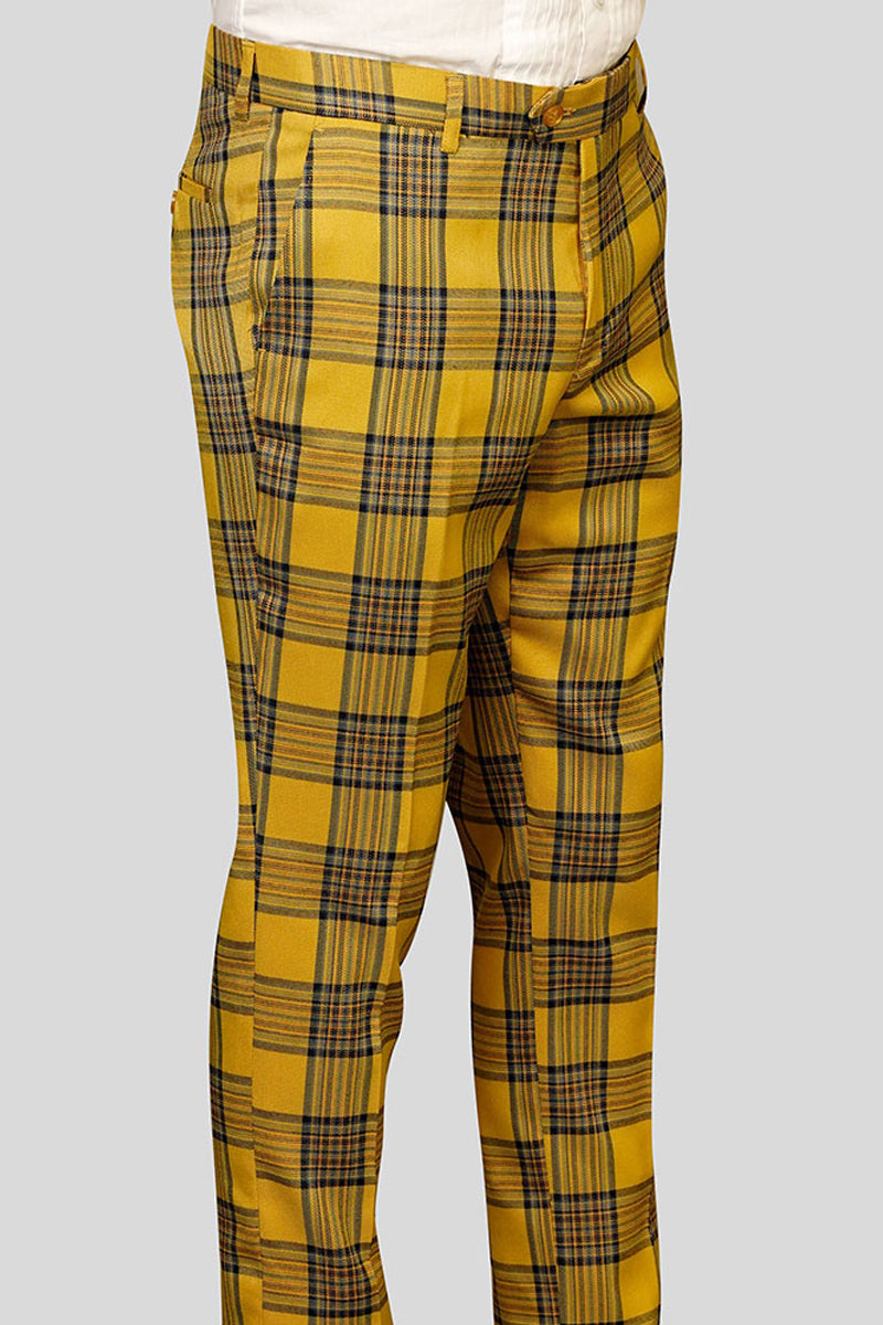 Men’s 100% Wool Slim Fit Flat Front Dress Pant in Gold Plaid
