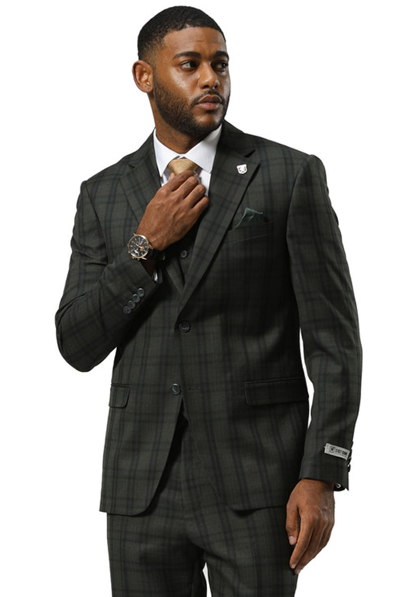 Men’s Stacy Adams Modern Fit Vested Suit in Dark Hunter Green Double Windowpane Plaid