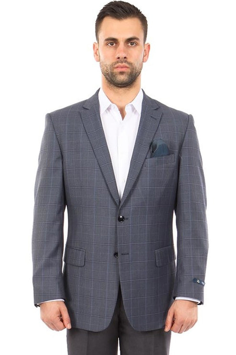 Men’s Two Button Windowpane Plaid Sport Coat in Blue Grey