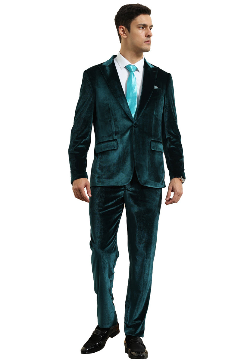 Men’s Slim Fit One Button Velvet Wedding & Prom Suit in Teal Greenm