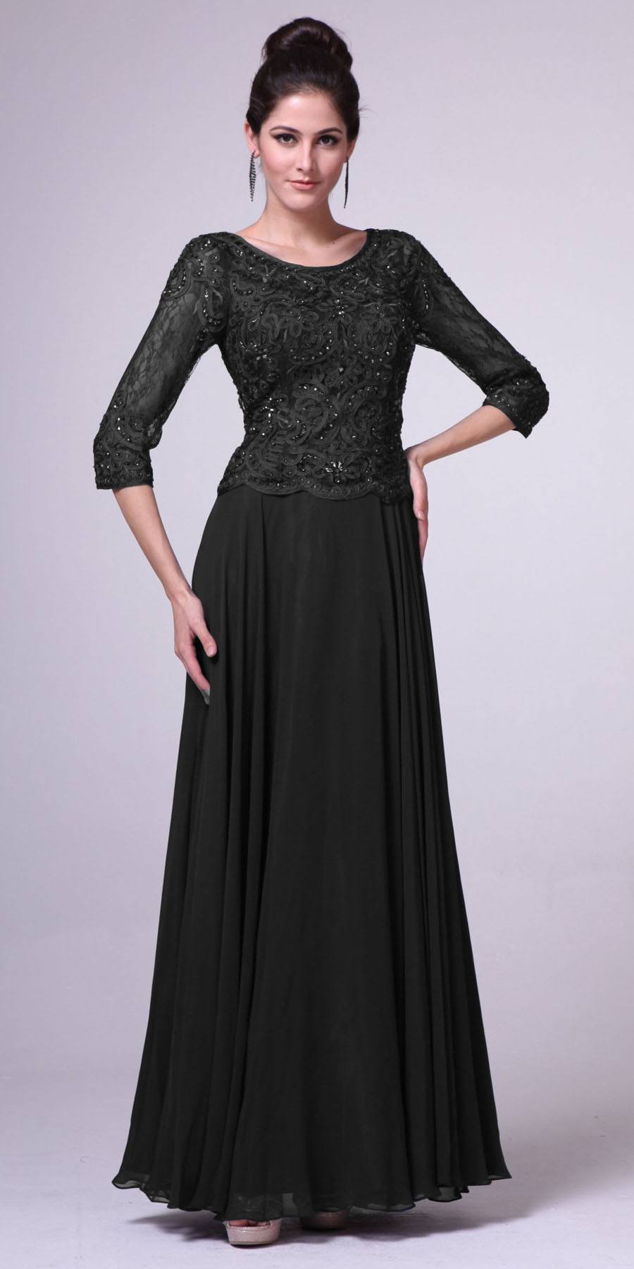 14327 Quarter Sleeve Soutache Bodice A-Line Long Formal Dress