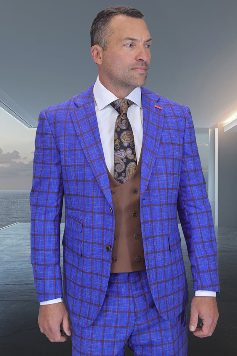 Men’s Designer Two Button Wool Suit with Double Breasted Scoop Vest in Sapphire Blue Windowpane