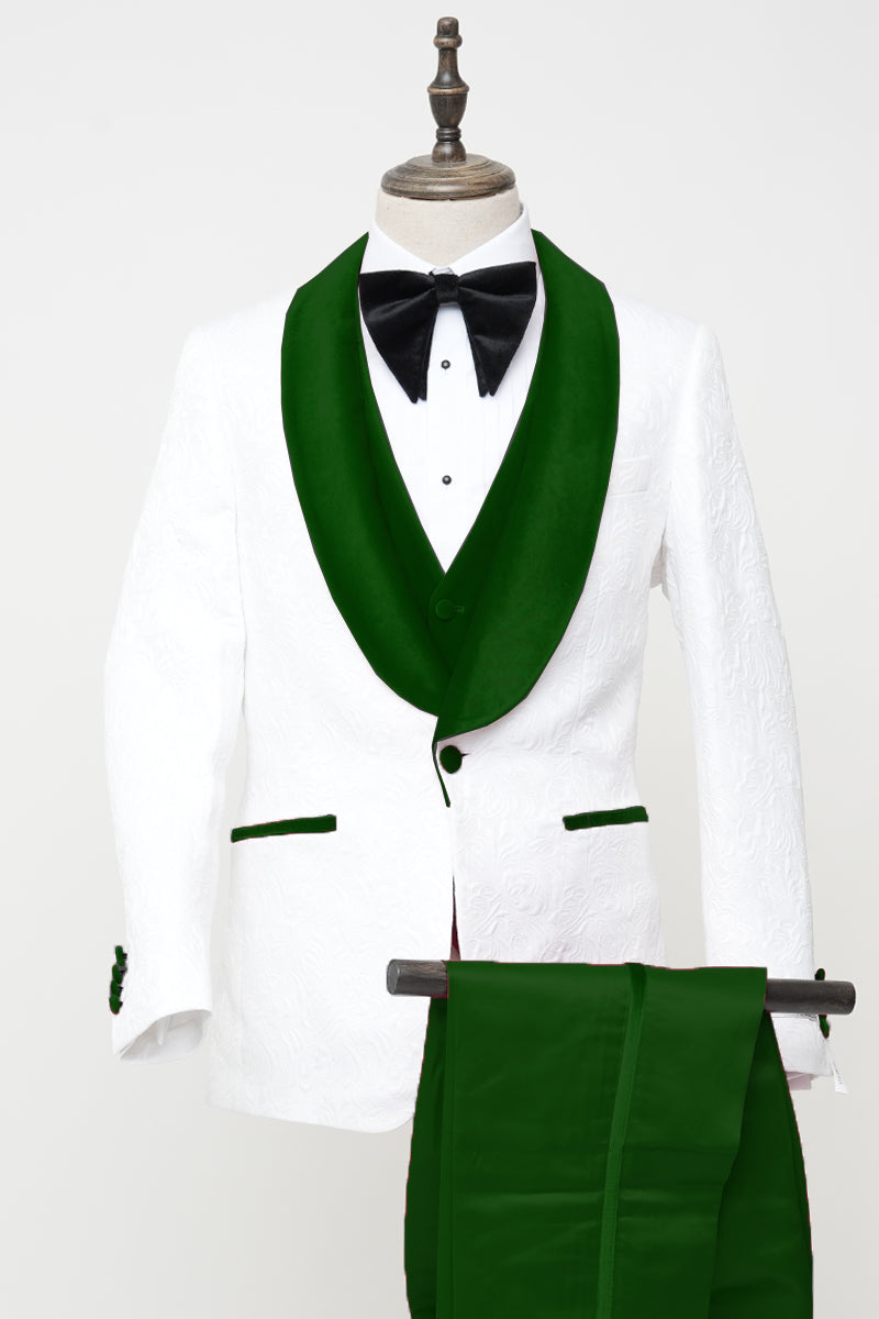 Men’s Vested White Paisley Wedding & Prom Tuxedo with Hunter Green Velvet Lapel