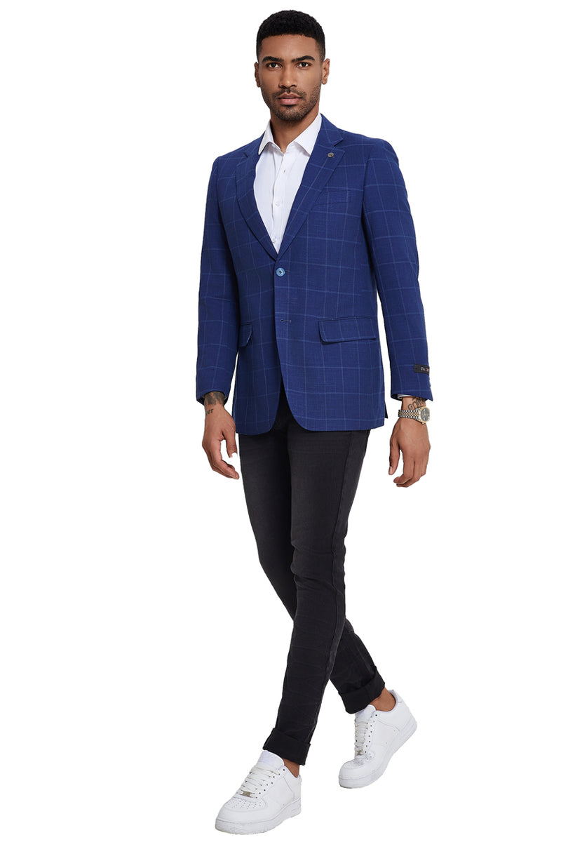 Men’s Slim Fit Electric Blue windowpane Business Sport Coat Blazer