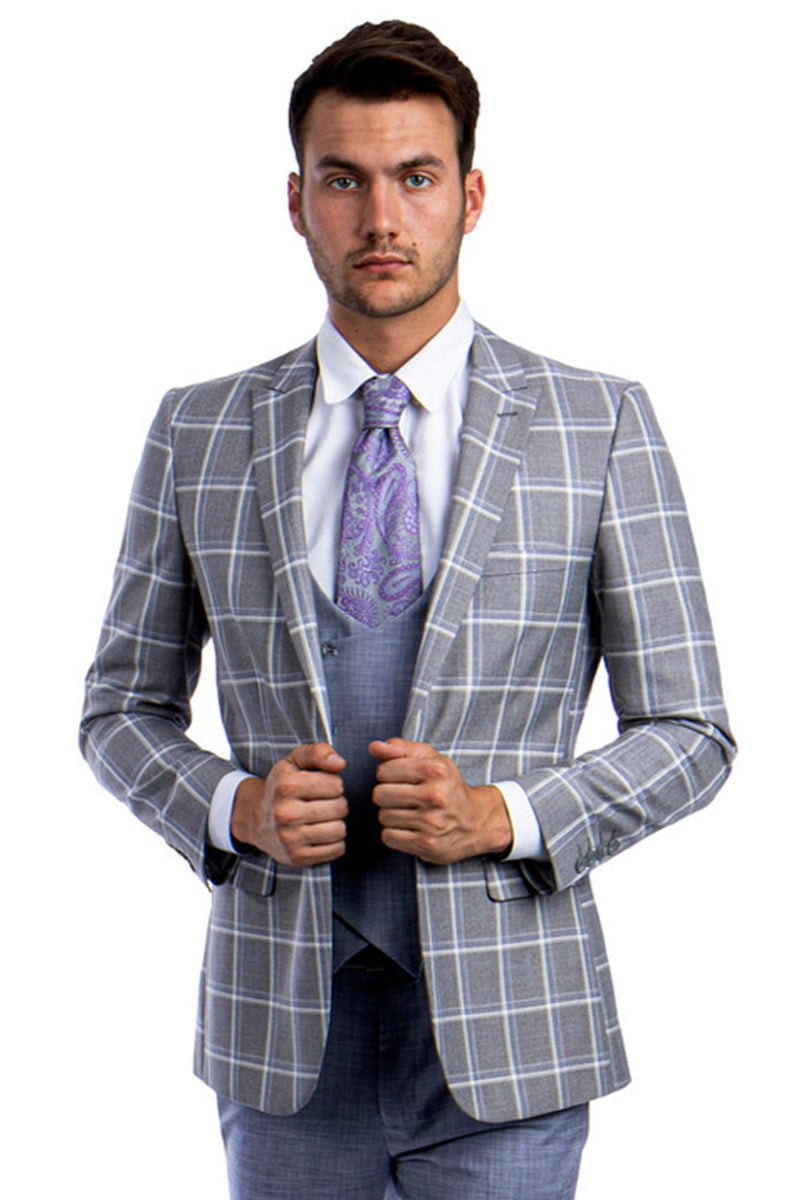 Men’s One Button Peak Lapel Grey & Blue Windowpane Plaid Suit with Double Breasted Vest