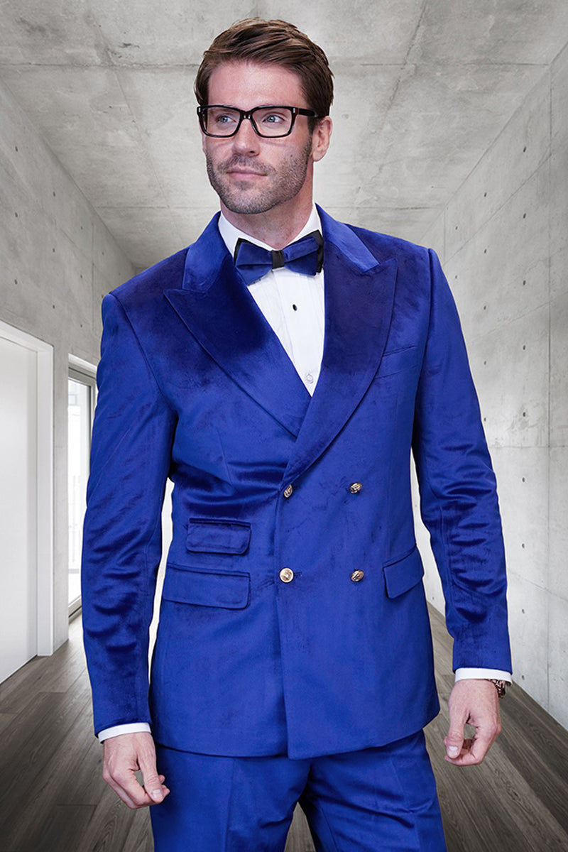 Men’s Designer Double Breasted Velvet Suti with Gold Buttons in Sapphire Blue