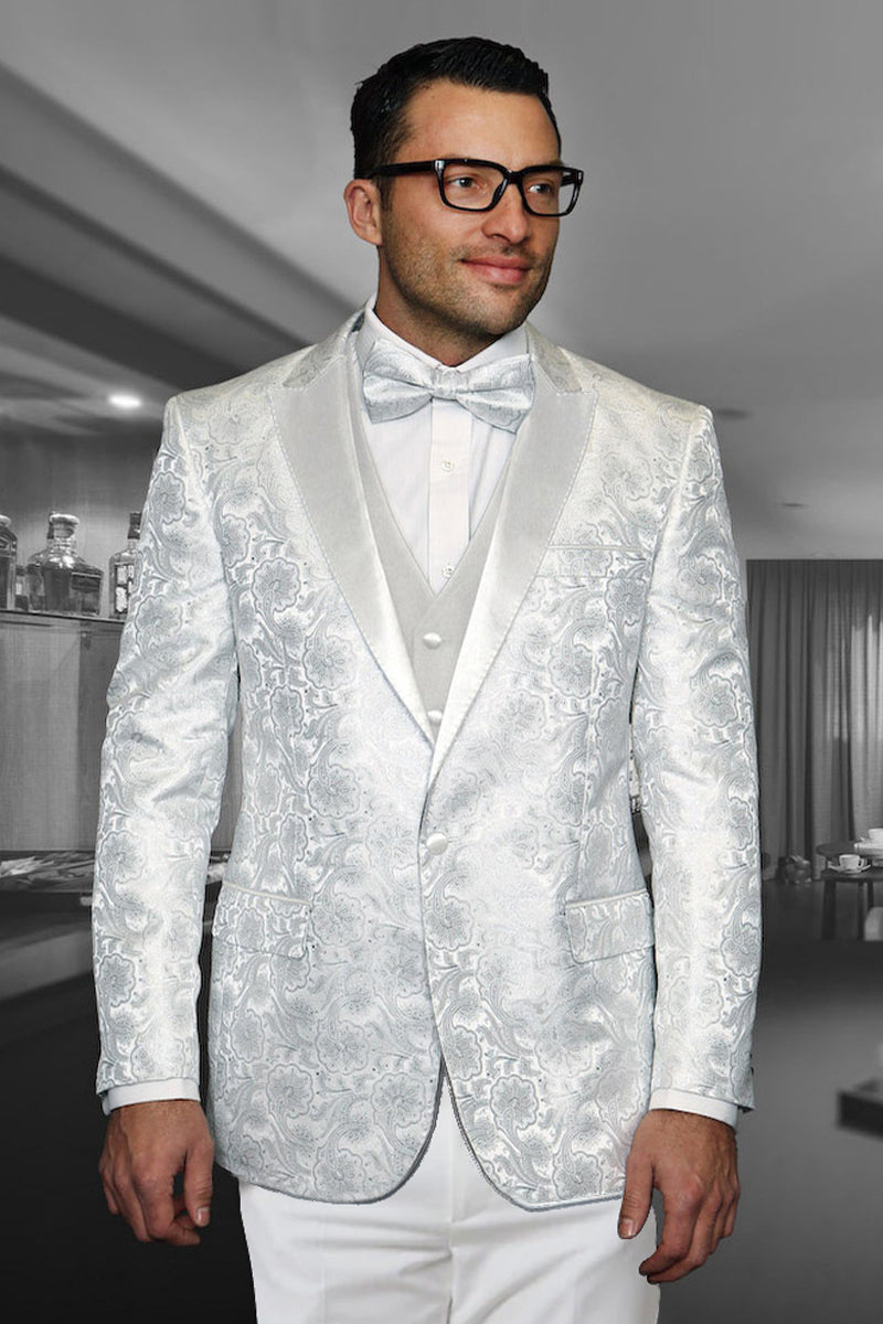Men’s Designer Vested Shiny Satin Pailey Peak Lapel Wedding Tuxedo in White