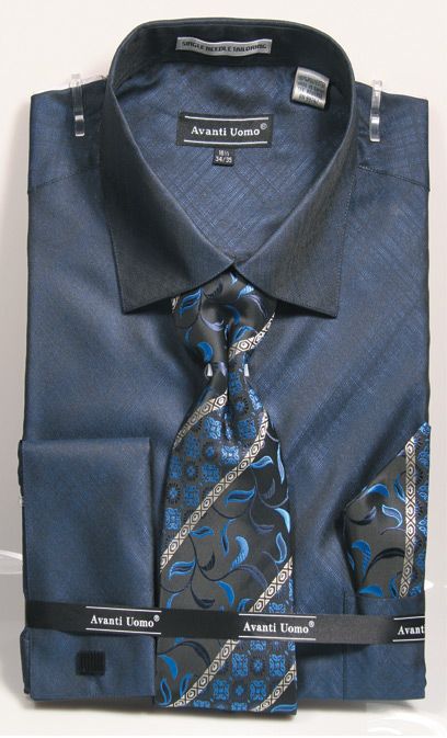 Men’s weave Pattern French Cuff Dress Shirt, Tie & Hanky Set in Navy