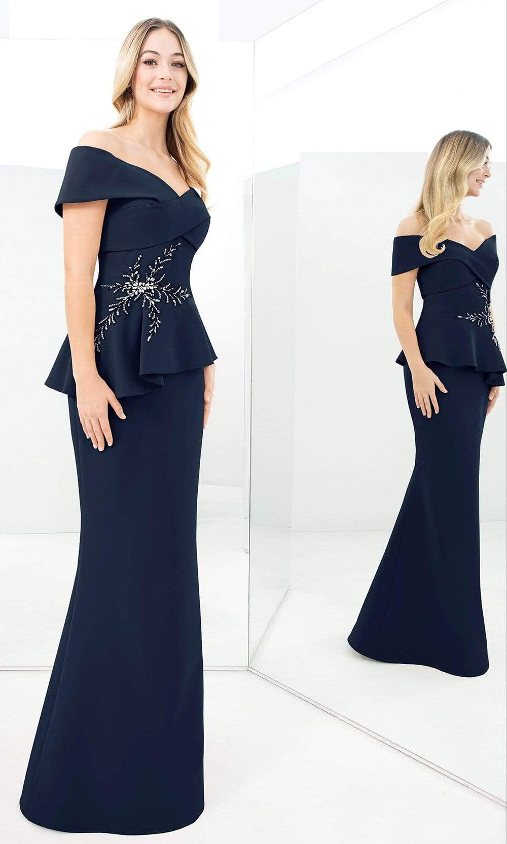 1350 Off-Shoulder Beaded Sheath Gown