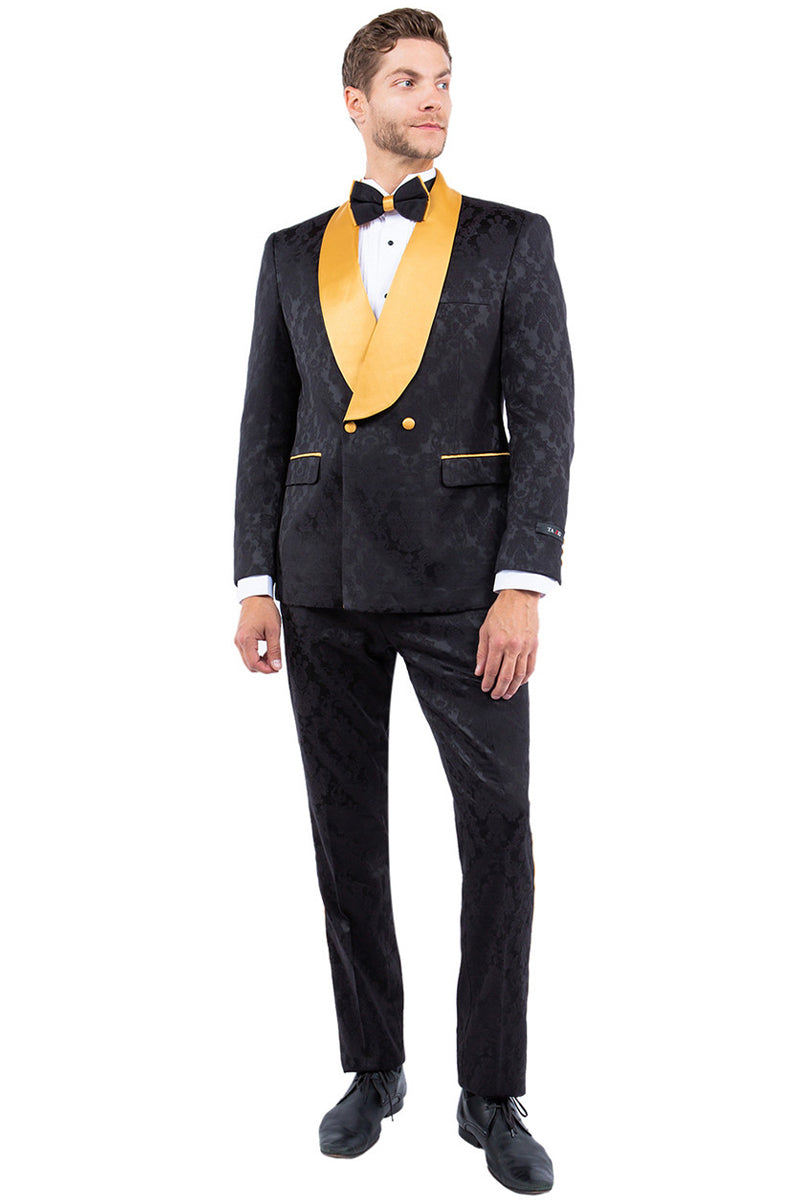 Men’s Slim Fit Double Breasted Paisley Smoking Jacket Prom & Wedding Tuxedo in Black & Gold