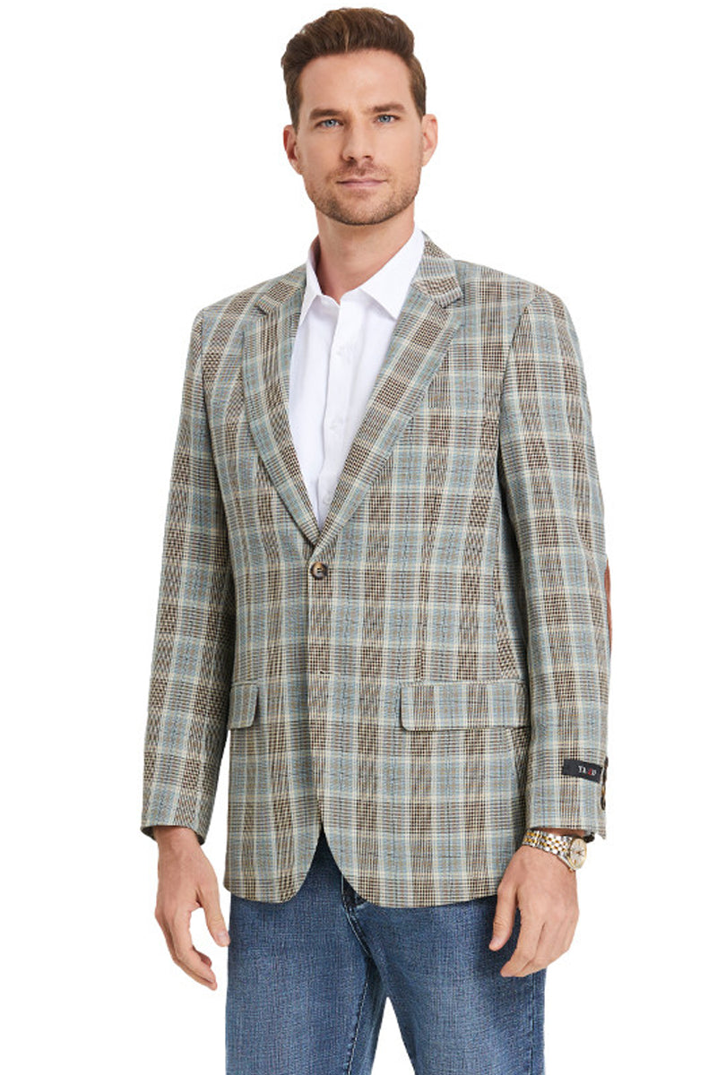 Men’s Two Button Slim Fit Business Casual Sport Coat in Camel Glen Plaid