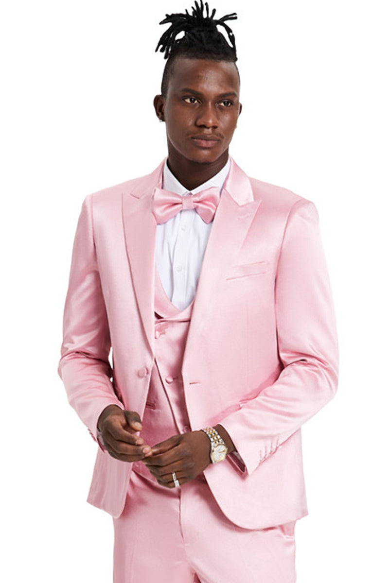 Men’s One Button Vested Shiny Satin Sharkskin Prom & Wedding Party Suit in Dusty Rose