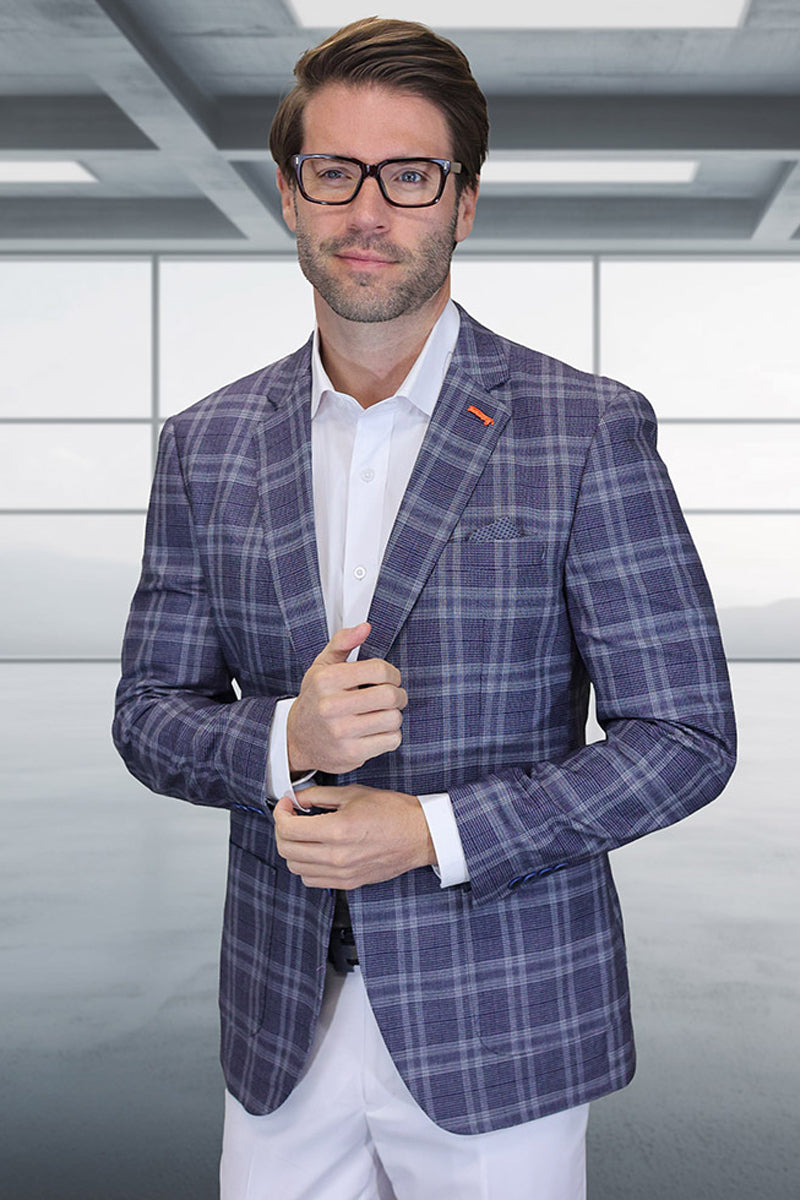 Men’s Modern Fit Patch Pocket Designer Wool Summer Blazer in Eggplant Windowpane Plaid