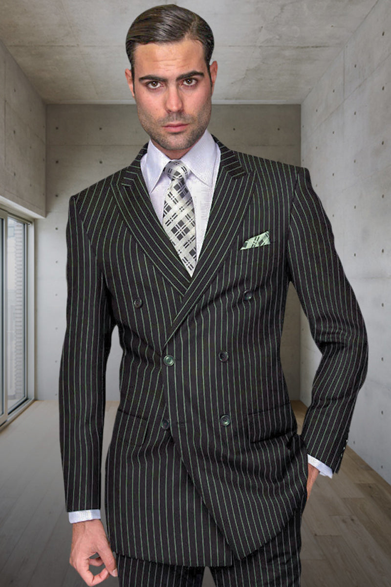 Men’s Designer Double Breasted Wool Suit in Bold Hunter Green Gangster Pinstripe.