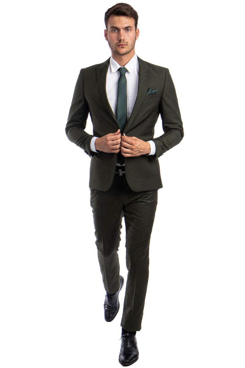 Men’s One Button Peak Lapel Basic Slim Fit Suit in Dark Olive Green