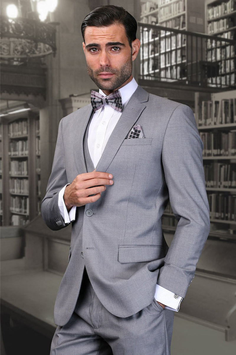 Men’s Two Button Designer Modern Fit Wool Vested Suit in Light Grey