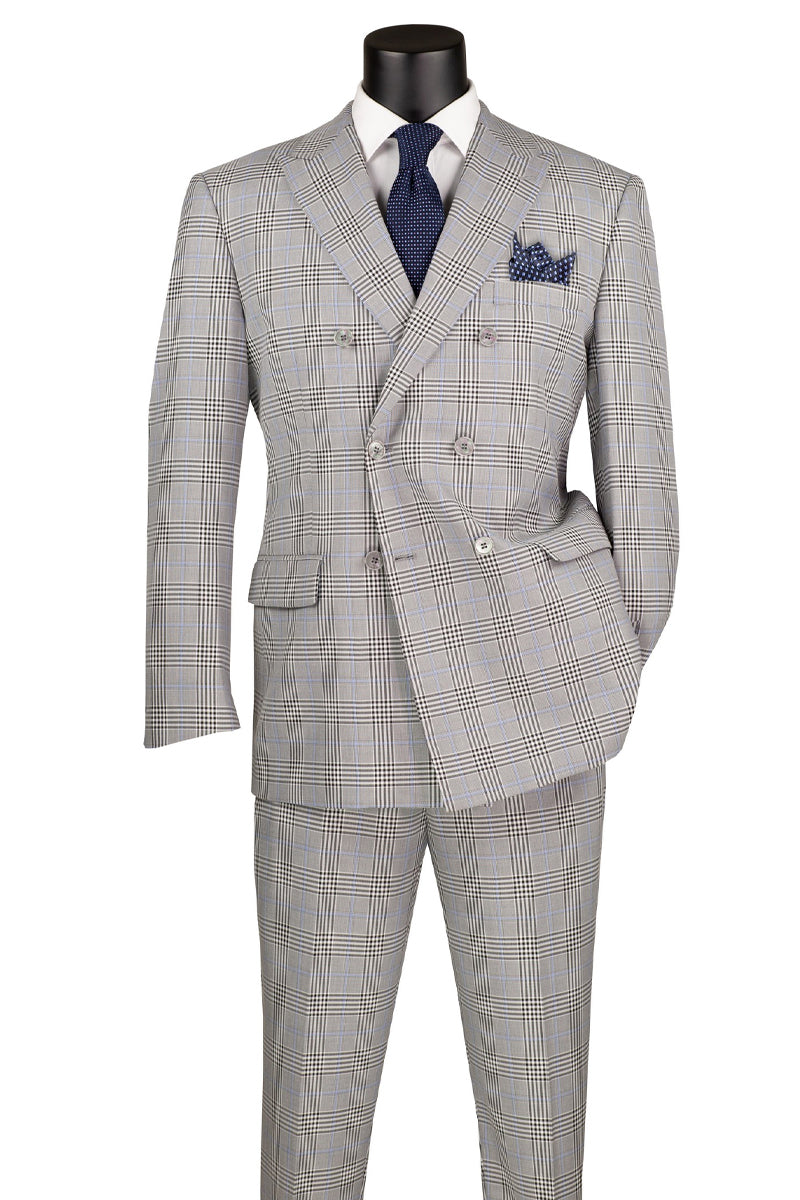 Men’s Double Breasted Windowpane Plaid Suit in Grey