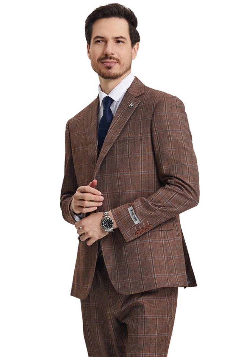 Men’s Stacy Adams Vested Modern Fit Windowpane Plaid Suit in Light Brown