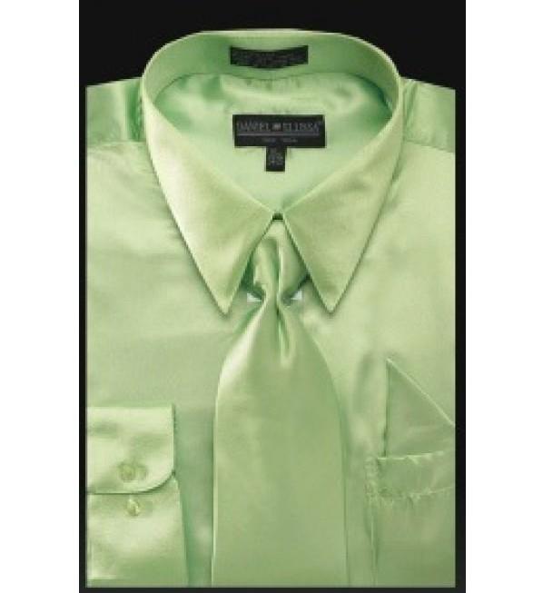Men’s Regular Fit Shiny Satin Dress Shirt, Tie & Pocket Square Set in Apple Green