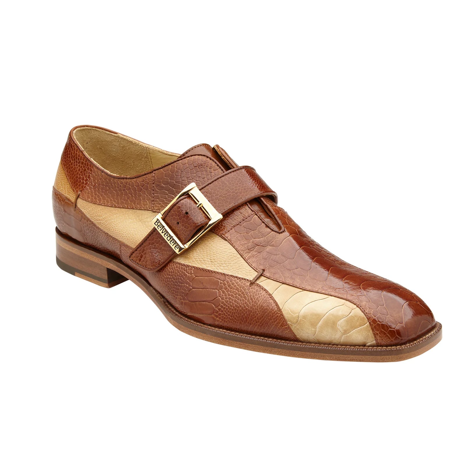 Men’s Belvedere Marte Ostrich Leg Monk Strap Dress Shoe in Camel & Bone