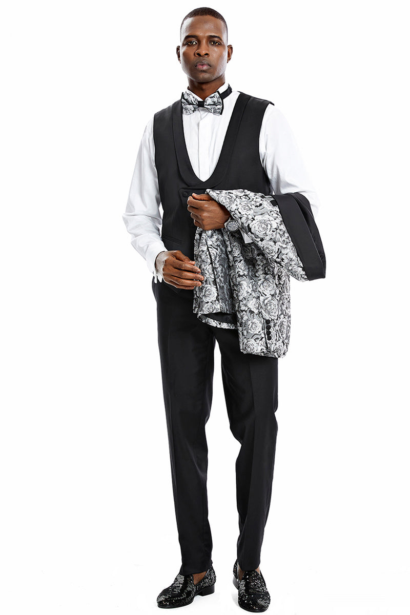 Men’s One Button Slim Fit Shiny Paisley Floral Vested Prom Tuxedo in Silver