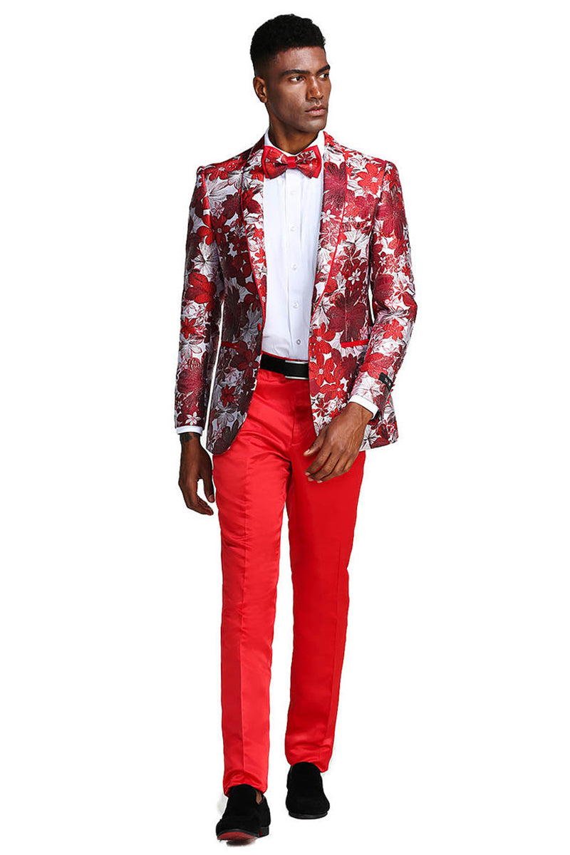 Men’s Slim Fit Paisley Prom Tuxedo Jacket in Red & Silver