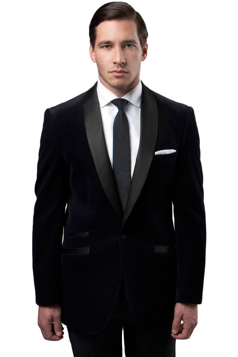 Men’s One Button Velvet Shawl Collar Tuxedo Jacket in Black