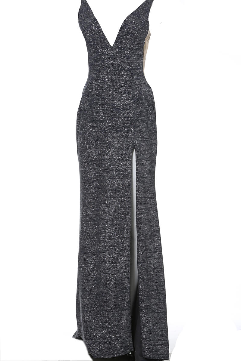 02472 V Neck Fitted Prom Dress with High Slit