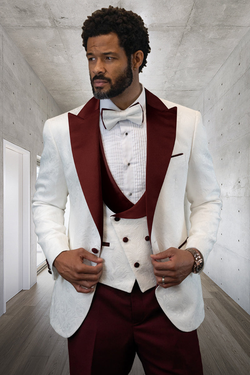 Men’s Designer Vested Contrast Peak Lapel Wool Wedding & Prom Tuxedo in White Paisley & Burgundy