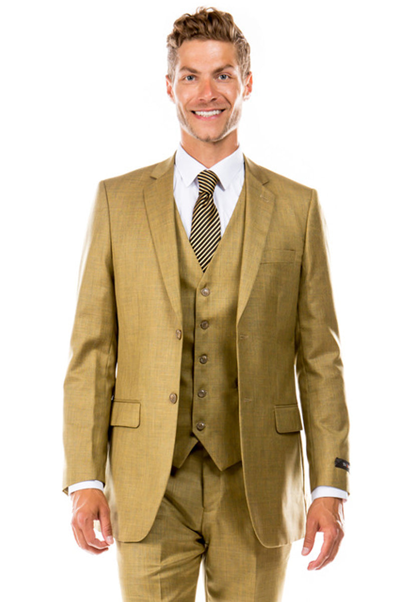 Men’s Two Button Hybrid Fit Vested Sharkskin Wedding & Business Suit in Oatmeal Tan