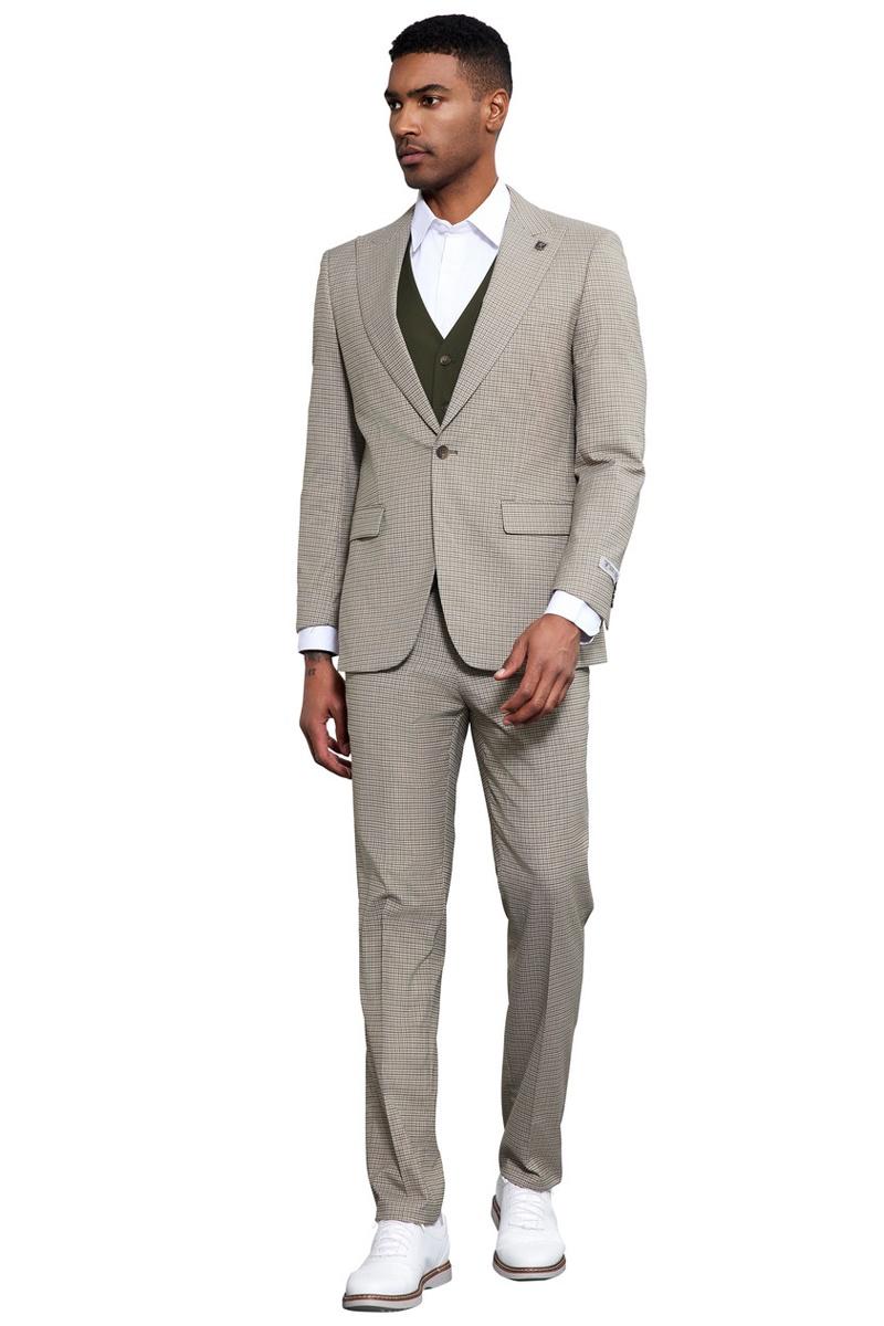 Men’s Stacy Adams One Button Peak Lapel Vested Micro Check in Sage Green with an Olive Green Vest