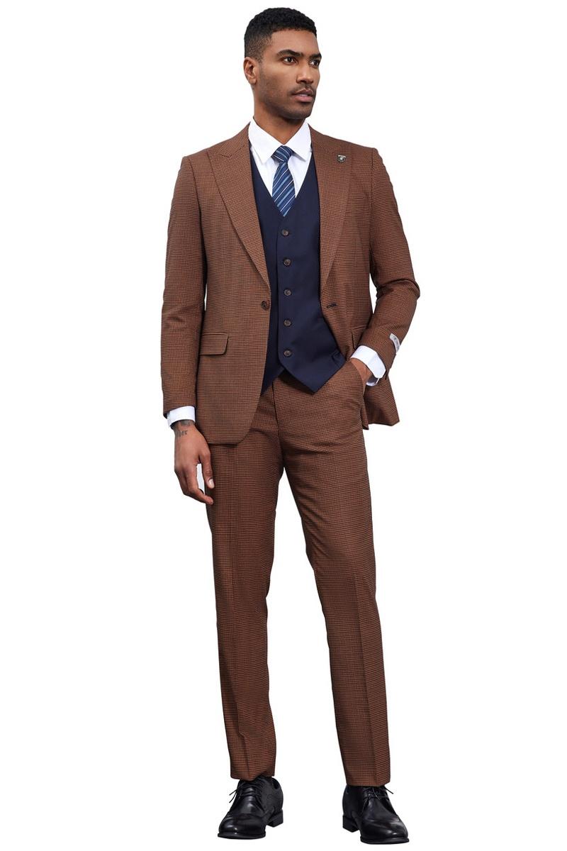 Men’s Stacy Adams One Button Peak Lapel Vested Micro Check in Cognac Brown with a Navy Vest
