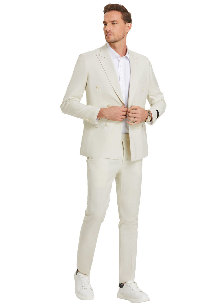 Men’s Slim Fit Double Breasted Summer Wedding Suit in Ivory Off White