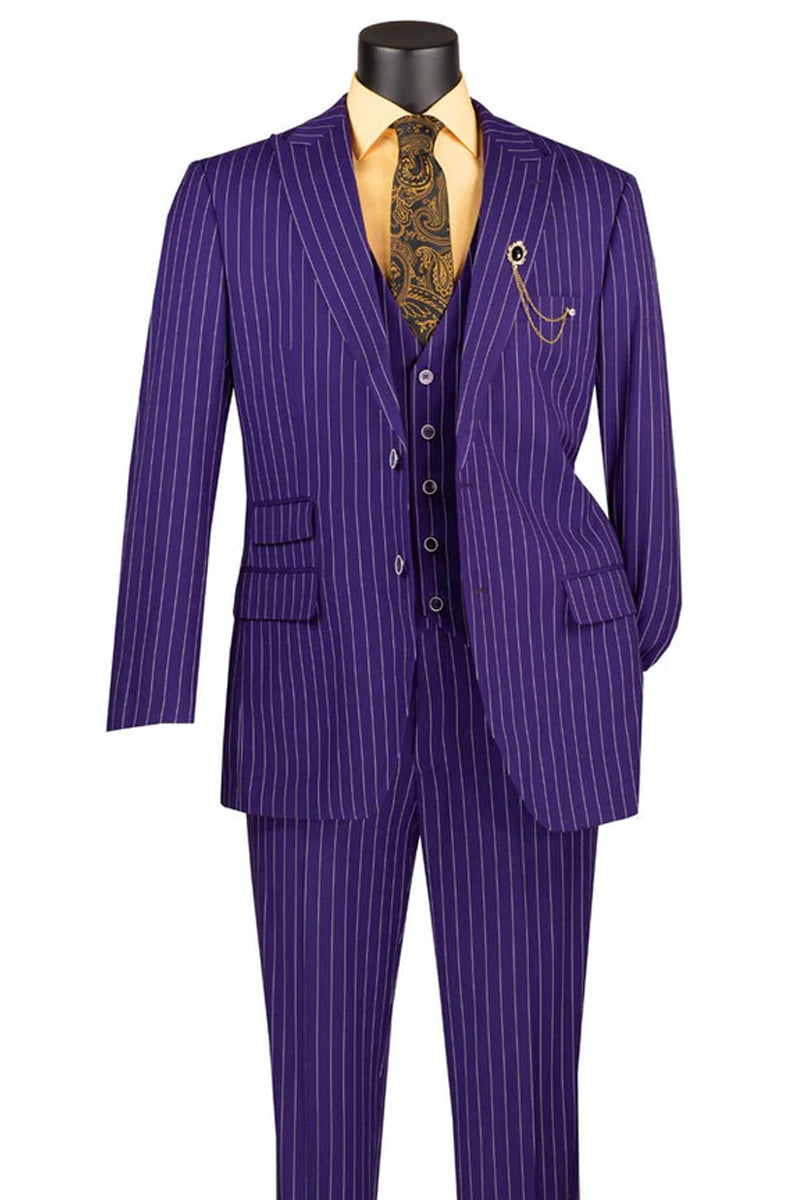 Men’s Vested Bold Gangster Pinstripe Suit in Purple