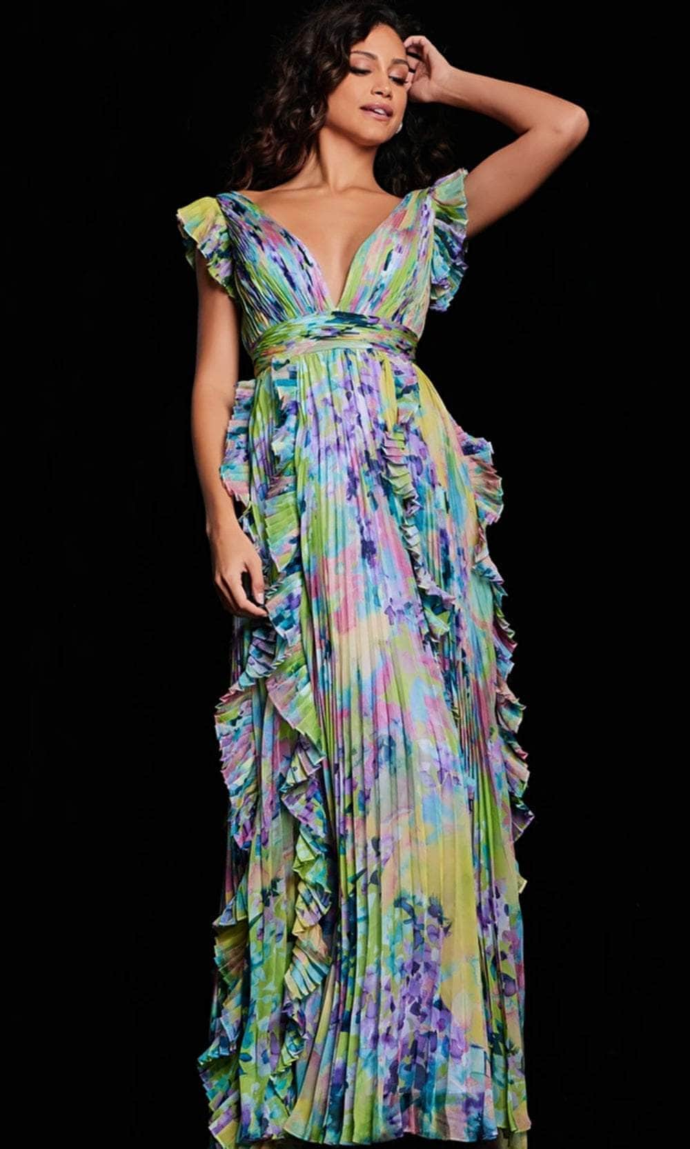 Flutter Sleeve Floral Evening Dress