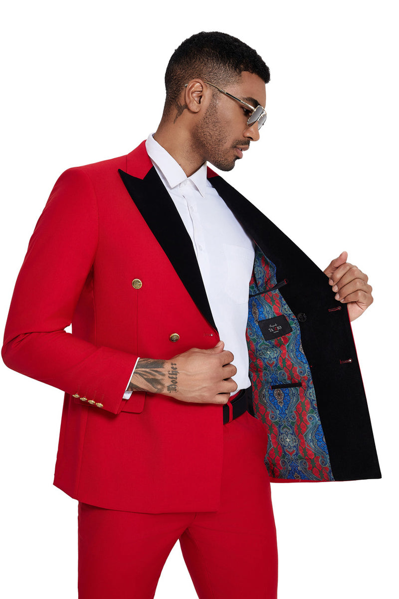 Men’s Double Breasted Wedding Suit with Velvet Peak Lapel and Gold Buttons in Red