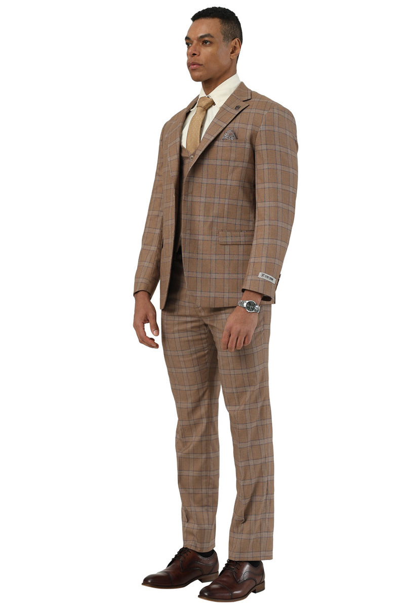 Men’s Designer Stacy Adams Vested Glen Plaid Suit in Brown